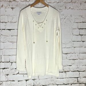 Liz Claiborne Ivory Lace-Up V-Neck Knit Sweater